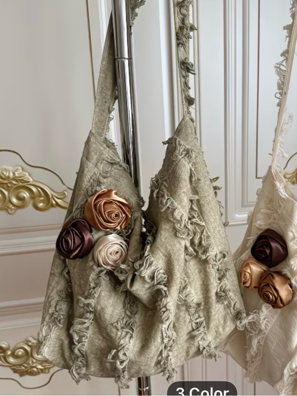 Shabby Chic Fringed Floral Accent Tote Bag - Beige or Cream